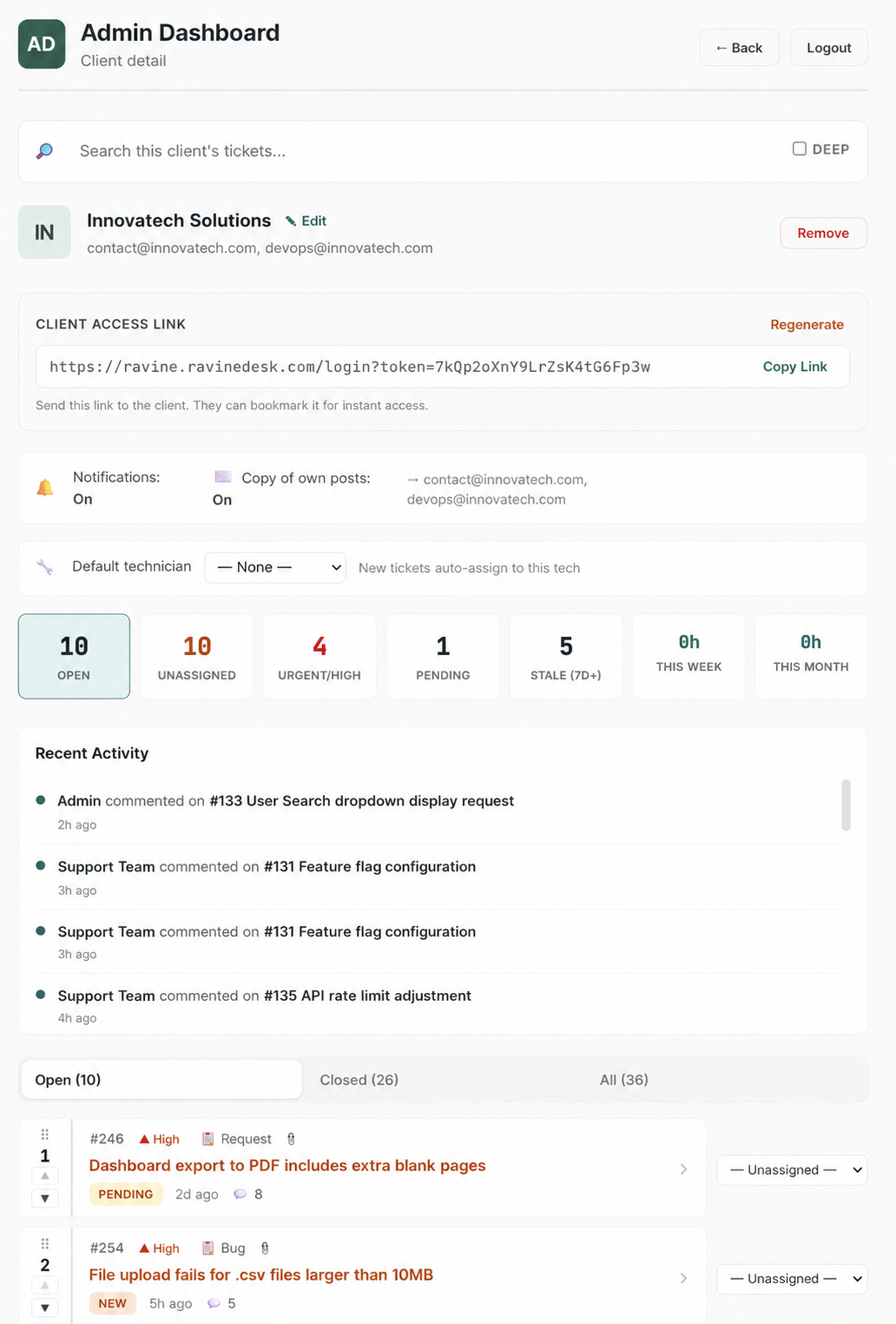 Ravine Desk client detail view with client access link, notification settings, ticket stats, and recent activity