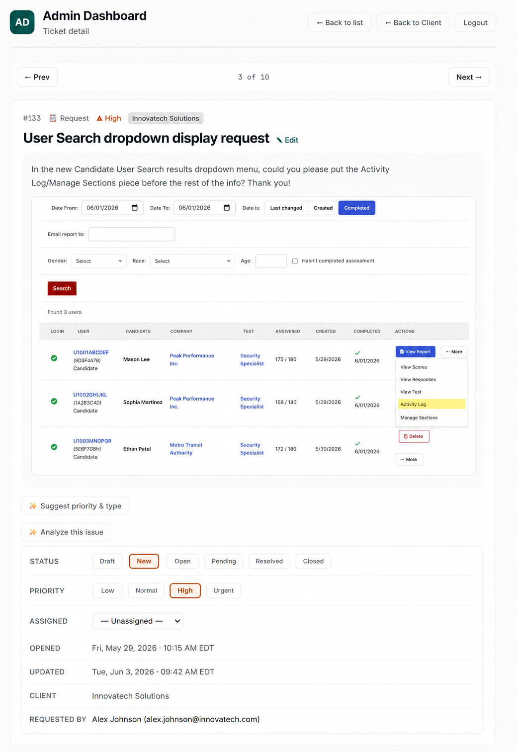 Ravine Desk ticket detail showing a client feature request with embedded screenshot, AI suggestions, and status controls